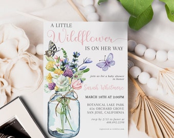 A Little Wildflower Baby Shower Invitation, Editable Baby in Bloom Garden Invite, Periwinkle Floral Baby Brunch Theme Sprinkle Printable