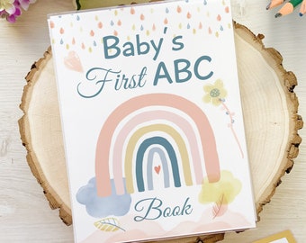 Boho ABC Baby Shower Book, Rainbow, rain drops and clouds watercolor art, Printed Guestbook and Coloring Activity With Album