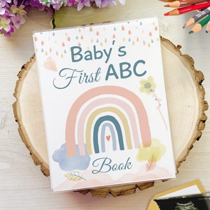 Boho ABC Baby Shower Book, Rainbow, rain drops and clouds watercolor art, Printed Guestbook and Coloring Activity With Album