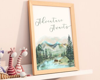 Adventure Awaits Nursery Wall Art,  National Park Baby Shower Decoration, Mountain Wilderness and Bears with Rustic Woodland Pine Trees
