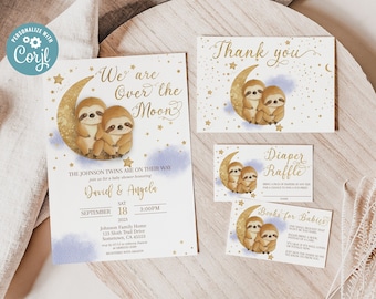 Sloth Twins Baby Shower, We're Over the Moon Invitation, Cute Whimsical Boy Woodland Animals, Blue Clouds Faux Gold Moon and Stars Multiples