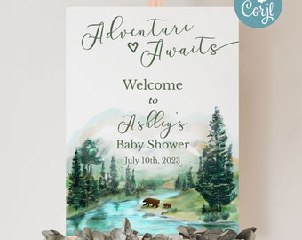 Adventure Baby Shower Sign, National Parks Entrance Signage, Bear Theme Mountain Baby Shower With Scenic Greenery Hiking River Nature Trail