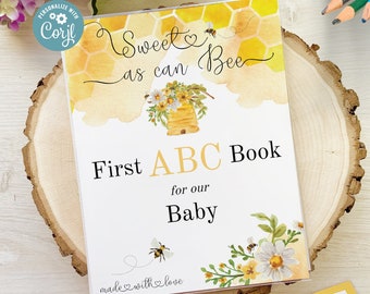 Sweet as Can Bee Baby Shower Coloring Book, Guest Book Alternative, Beehive and Daisies Design, Personalized Alphabet Activity with Album