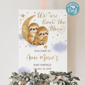 We&#39;re Over the Moon Baby Shower Welcome Sign, Boy Twins Sloth Animal Entrance Decoration, Blue Twinkle Little Star Lunar Party Decor