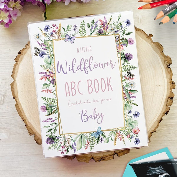 Editable Wildflower Butterfly Baby Shower Guest Book Alternative, ABC Printable Activity with Blank Pages, Printable Coloring Book Template