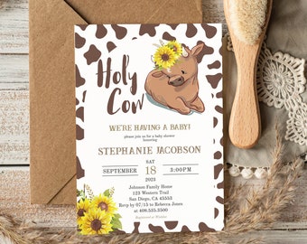 Holy Cow Western Sunflower Baby Shower Invite, Rustic Cow Print Baby Calf Invitation, We're Having a Baby Modern Arch Editable DIY Template