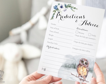 Gender Predictions Owl Baby Shower Advice for Mom to Be, Wishes and Baby Predictions, Unique Boy Winter Baby Shower Games and Advice Cards