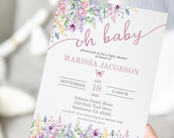 Oh Baby Pink Wildflowers Butterfly Invitation, Baby in Bloom Invite, Spring Baby Girl Bruch, A Little Wildflower Suite, Floral Garden Invite