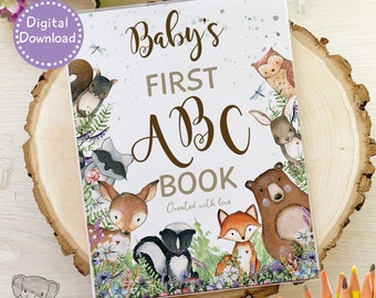 Woodland Baby Shower Guest Book, Editable ABC Alphabet Coloring Activity, Printable Forest Animals Alternative Baby Shower Games for Party