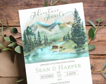 Adventure Awaits Baby Shower Invitation, National Park Baby Shower Invite, Mountain Wilderness and Bears with Rustic Woodland Pine Trees
