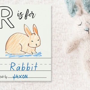 example drawing of a rabbit by a family member on the letter page R from the blank ABC template