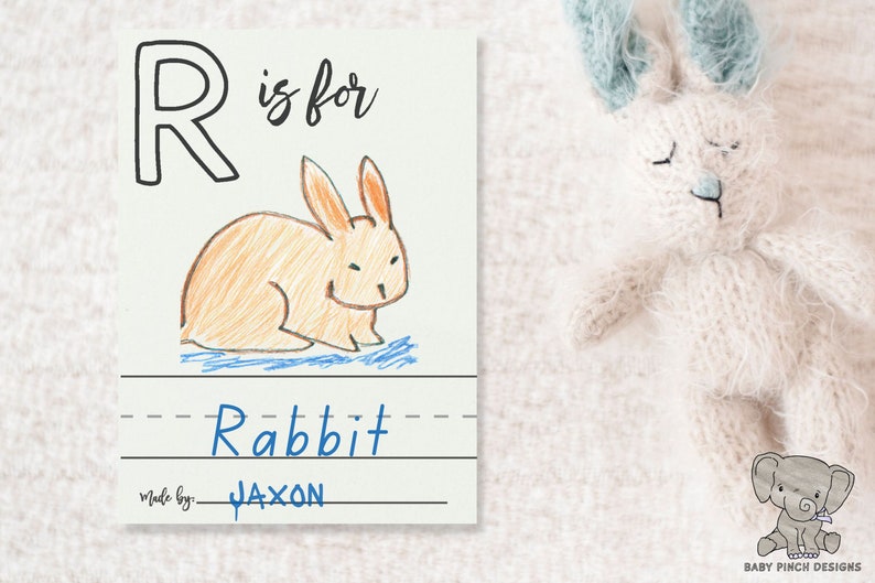 example drawing of a rabbit by a family member on the letter page R from the blank ABC template