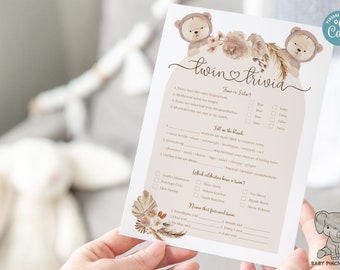 Twin Trivia Boho Teddy Bear Baby Shower Game, Gender Neutral Terracotta, Natural Floral Dried Palm Leaf, Guessing Game Modern Arch Design