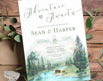 Mountain Bear Baby Shower Invitation, Adventure Awaits Invite, Rustic Woodland Pine Trees, National Park Nature Theme Explorer Wanderlust