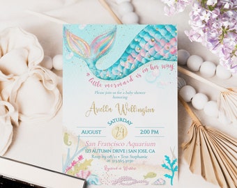 Mermaid Baby Shower Invitation, Editable Girl Party Invite, Nautical Under Water Sea Ocean Party, Colorful Summer Beach Aquatic Invitation