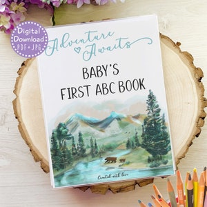 Adventure Awaits Baby Shower Guest Book, Mountain Camping Alphabet Coloring, Rustic ABC Book Baby Shower, Pine Trees Woodland Wilderness image 1