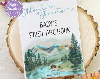 Adventure Awaits Baby Shower Guest Book, Mountain Camping Alphabet Coloring, Rustic ABC Book Baby Shower, Pine Trees Woodland Wilderness