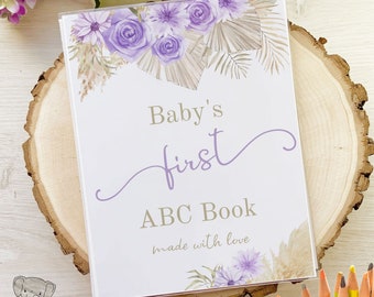 Floral Lavender Boho Pampas Guest Book, Baby Shower Alternative Coloring Activity, Elegant Palm Leaves and Grass Rose Bouquet First ABCs