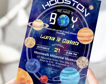 Editable Outer Space Houston We Have a Boy Invite, Planets Themed Baby Boy Shower Invitation, Invitation Digital PDF