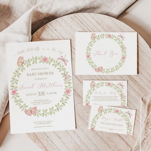 Boho Butterfly Baby Shower Invitation Suite, Een beetje Vlinder Kussen Uitnodigen, Aquarel Groen Krans Baby Brunch of Sprinkle Gunst