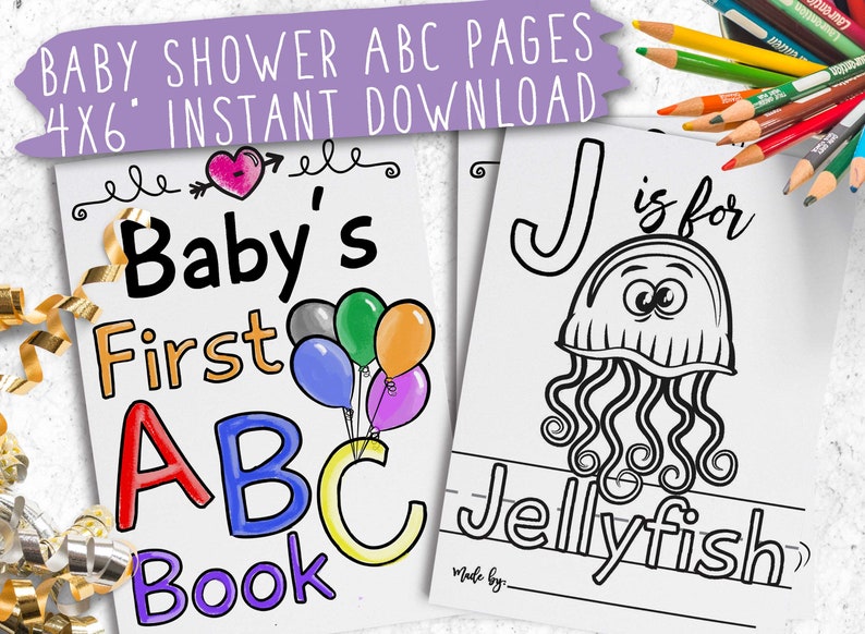 ABC DIY Coloring Pages Baby Shower Activity Alphabet Cards | Etsy