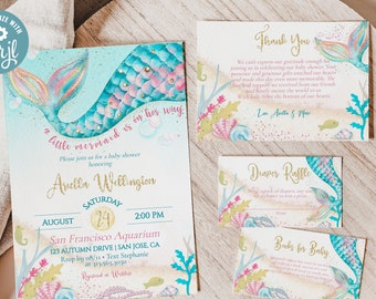 Mermaid Baby Shower Invitation Suite, Editable Girl Party Invite with Nautical Diaper Raffle Book Request and Thank You Card