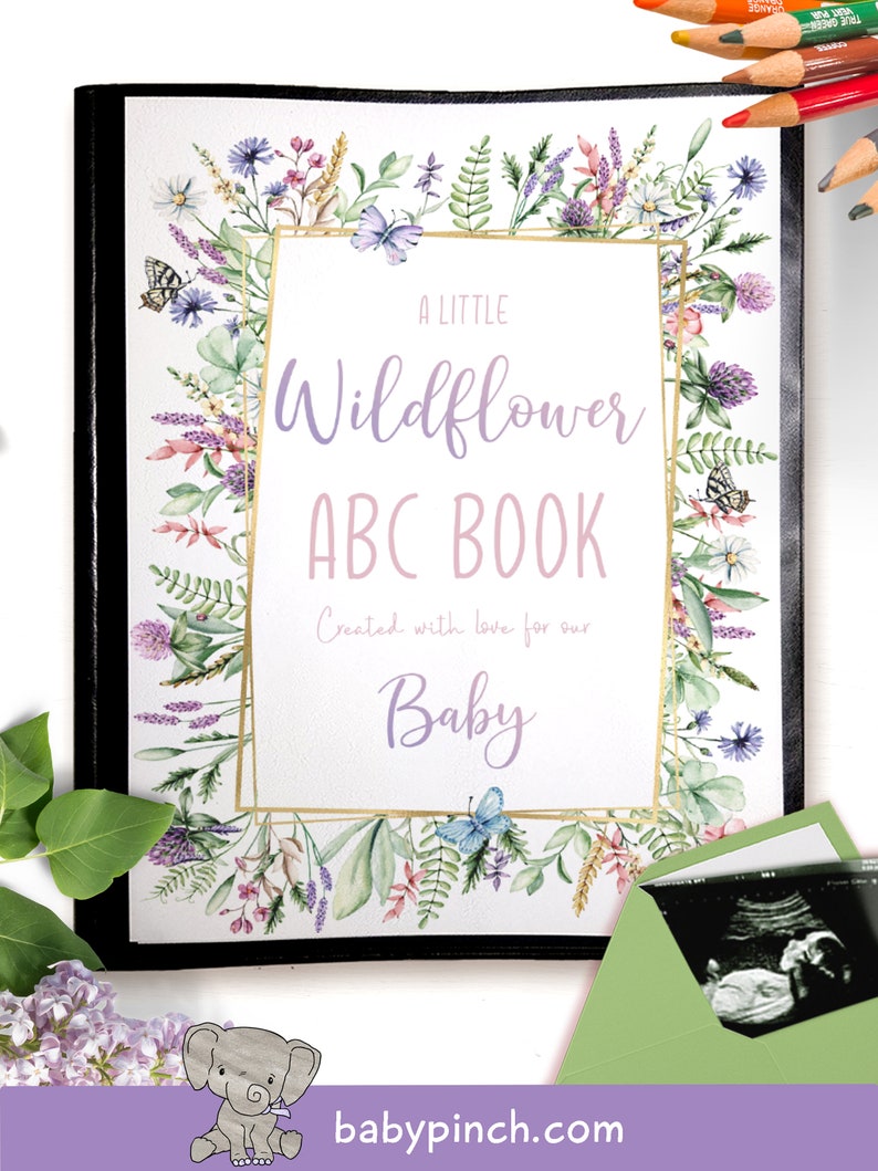 Personalized Little Wildflower Baby Shower Guest Book, ABC Garden Butterfly Party Coloring Activity, Floral Nature Themed Sprinkle Brunch image 2