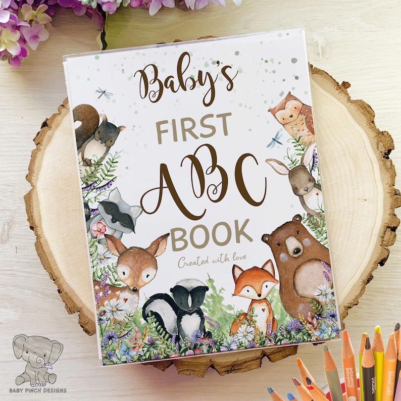 Woodland Forest Friends Guest Book Alternative, Baby Shower ABC Book, Bear Fox Deer Animals Group Activity image 1