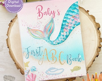 Editable Mermaid Baby Shower Guest Book, Nautical Beach Under the Sea Theme, ABC Book Baby Shower, Toddler First Birthday Group Activity