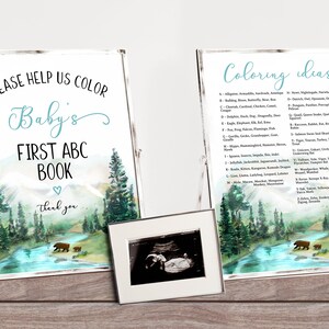 Adventure Awaits Baby Shower Guest Book, Mountain Camping Alphabet Coloring, Rustic ABC Book Baby Shower, Pine Trees Woodland Wilderness image 3