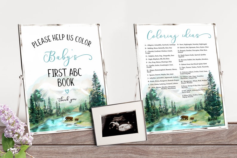 Adventure Awaits Baby Shower Guest Book, Mountain Camping Alphabet Coloring, Rustic ABC Book Baby Shower, Pine Trees Woodland Wilderness image 3