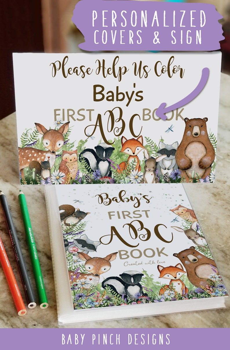 Woodland Forest Friends Guest Book Alternative, Baby Shower ABC Book, Bear Fox Deer Animals Group Activity image 2