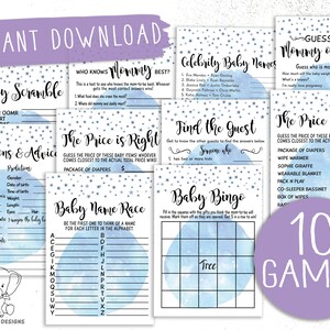 Maan en sterren babyshowerspellen voor jongens met blauwe aquarel en prachtige sterren, Twinkle Twinkle Little Star-thema, 10-delig spelpakket