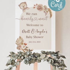 We Can Bearly Wait Welcome Sign, Teddy Bear Baby Shower Decorations, Boho Gender Neutral Party Decorations, Beige Hooded Bear with Flowers