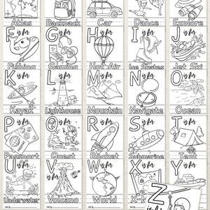 Adventure Awaits Baby Shower Guest Book, Mountain Camping Alphabet Coloring, Rustic ABC Book Baby Shower, Pine Trees Woodland Wilderness image 4