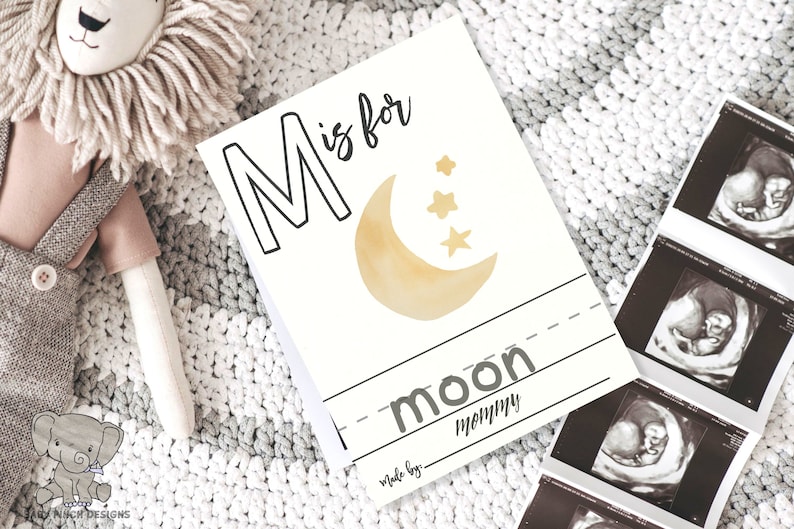 Blank coloring page letter M with example of a moon drawing set next to a stuffed lion and a set of ultrasound pics.