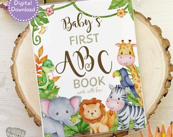 Editable Safari Zoo Animals Guest Book Alternative, Jungle Group Coloring Activity, ABC Book Baby Shower, Personalized Toddler Birthday Idea