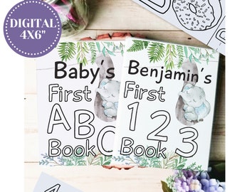 Safari Elephant Greenery ABC + 123 Book Bundle, 4X6" Digital Guest Book Alternative, ABC Book Baby Shower, Printable Toddler Birthday Idea