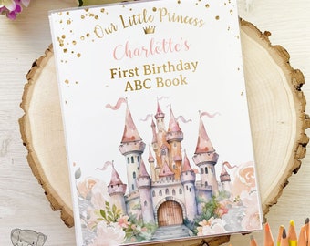 First Birthday Princess Castle Guest Book, Floral Blush Pink and Faux Gold Glitter, Personalized Little Girl Princess ABC Coloring Book