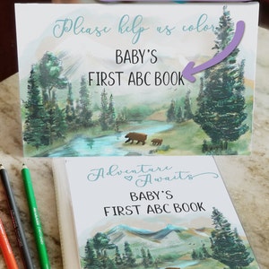 Adventure Awaits Baby Shower Guest Book, Mountain Camping Alphabet Coloring, Rustic ABC Book Baby Shower, Pine Trees Woodland Wilderness image 2