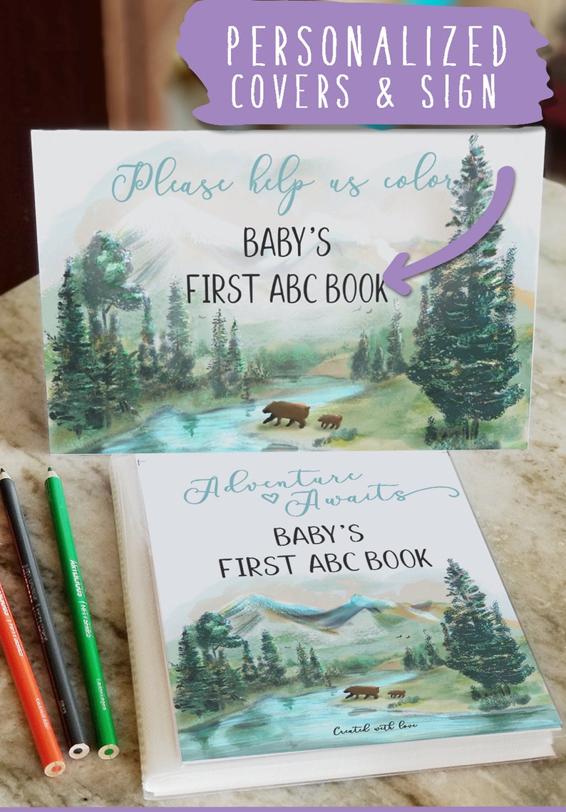 Adventure Awaits Baby Shower Guest Book, Mountain Camping Alphabet Coloring, Rustic ABC Book Baby Shower, Pine Trees Woodland Wilderness image 2