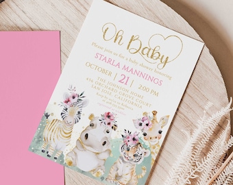 Wild Safari Animal Baby Shower Invitation, Oh Baby Jungle Invite, Blush Gold Modern Girl Baby Shower Invite, Floral Safari Animals Sprinkle