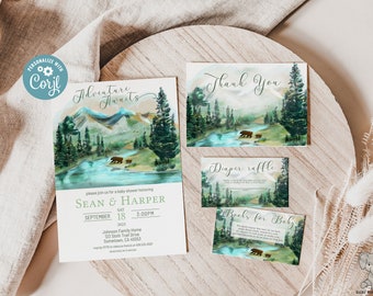 Adventure Awaits Baby Shower Invitation, National Park Baby Shower Invite, Mountain Wilderness and Bears with Rustic Woodland Pine Trees