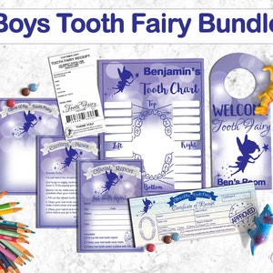 Blaue Zahn fee Kissen Hinweis Zertifikat Zertifikat verlorenE Zähne Diagramm Tür aufhänger Bundle Kinder Zahnfee GeschenkIdeen druckbare Customized Boy