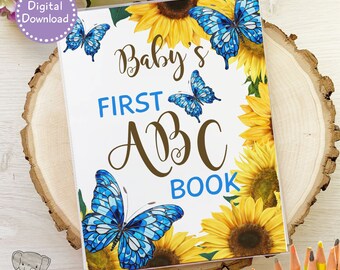 Rustic Sunflowers and Butterflies Guest Book,  ABC Book Baby Shower, Stained Glass Floral Group Coloring Activity, Unique 1st Birthday Ideas