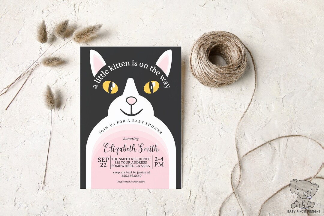 Cat Themed Baby Shower Invitation, Kitten Arch Party Invites, Printable