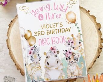 Safari Zoo 3rd Birthday Girl, Young Wild and Three Guest Book, ABC Coloring Book Activity, Toddler Kids Party Idea