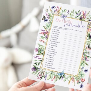 Baby shower Word Scramble, rustieke Boho Games-bundel, bewerkbare Wildflower Butterfly Garden-thema voor babymeisjebrunch, Butterfly Sprinkle
