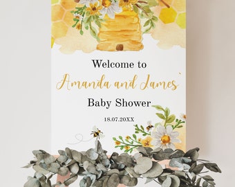 Sweet as a Bee Baby Shower Welcome Sign, Spring or Summertime Centerpiece, Honey Bee Floral Daisy Design, Gender Neutral Honeycomb Party