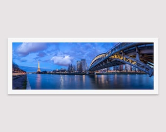 Panoramic Print Paris, Eiffel Tower and Pont Rouelle, Large Blue Picture, Railway Bridge, Steel Architecture, Award Winning Image
